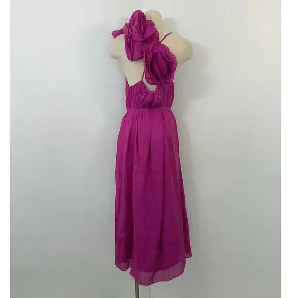 AJE Quintessa Flower Midi Dress in Deep Magenta Linen Silk Blend US 12 NWT